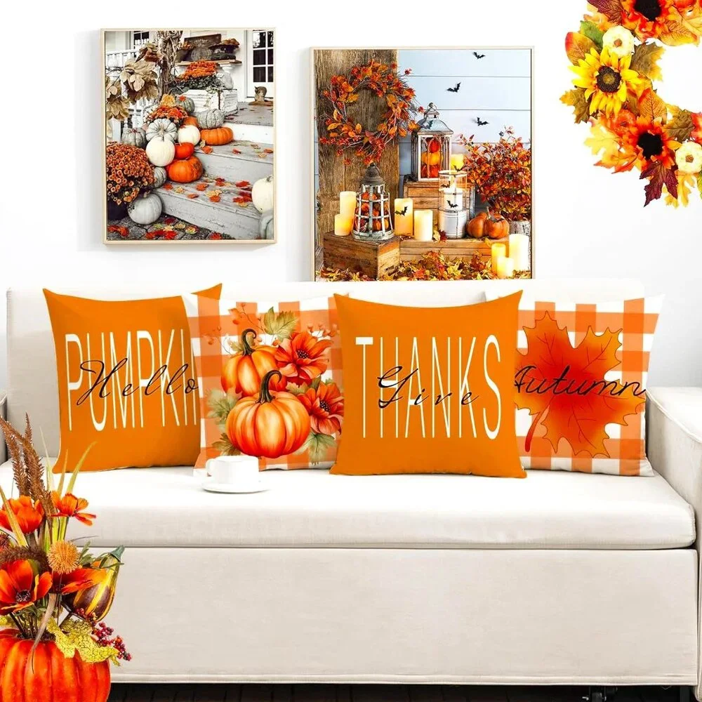 THANKSGIVING FALL FARMHOUSE AUTUMN PUNPKIN ACCENT PILLOW COVERS 4 PIECE SET NWT
